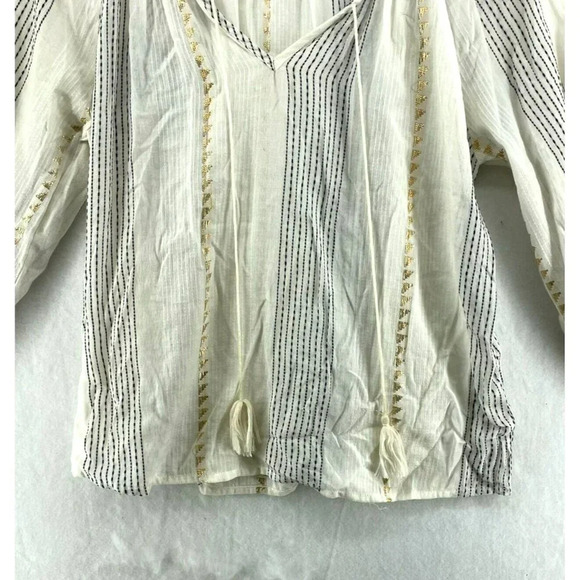 Lovestitch Blouse Women's Sz M Cream Striped Metallic Gold Puff Sleeves Tassel - Picture 9 of 12